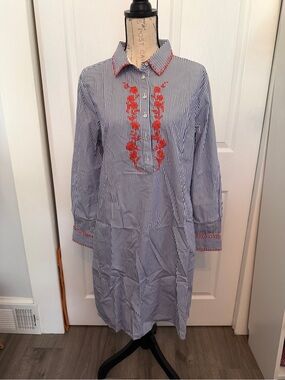 Brooks Brothers Blue and White Striped Dress with Red Floral Embroidery
